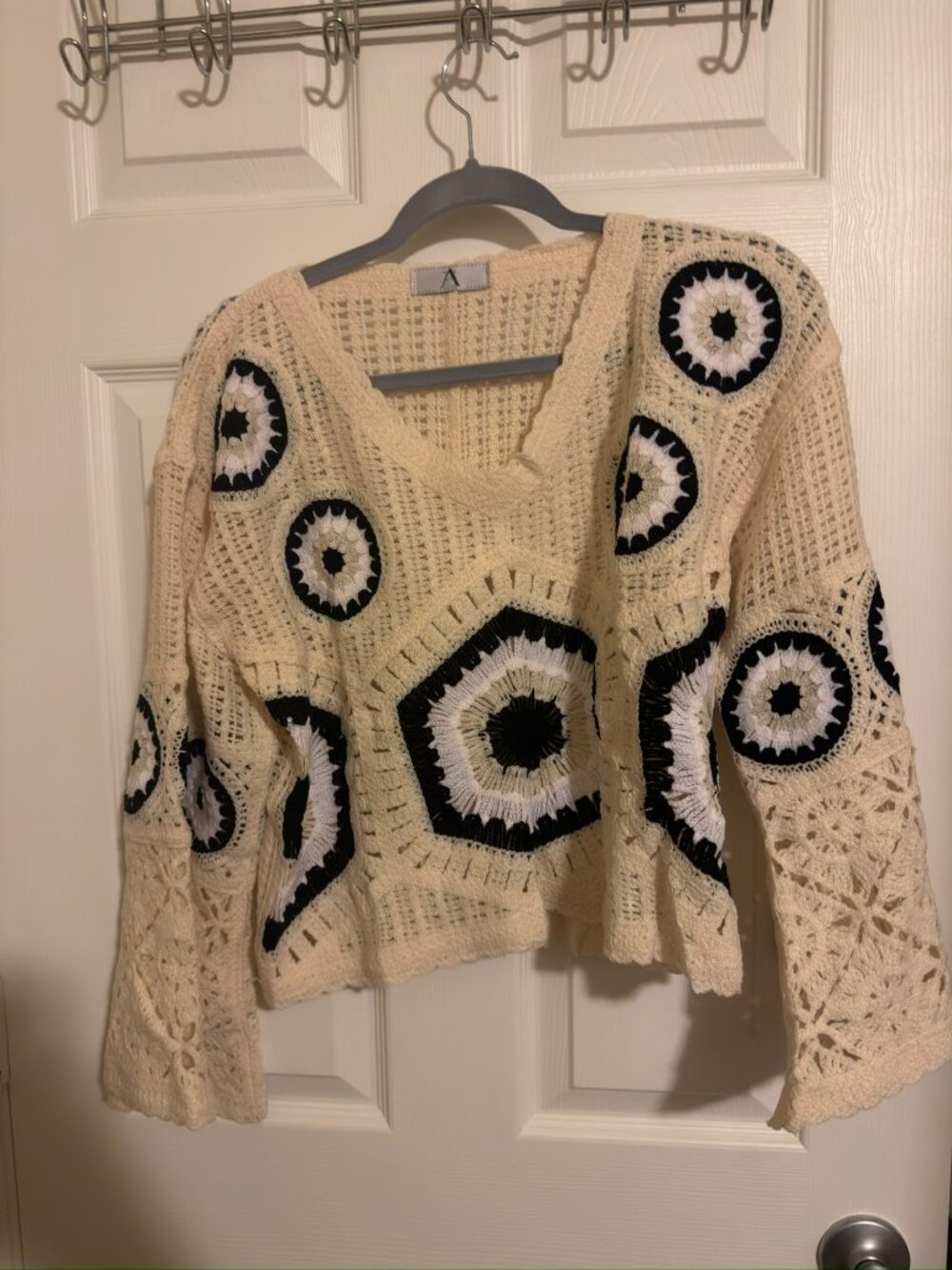 ZA Styles Crochet Granny Square Bell Sleeve Sweater OSFM NWOT
